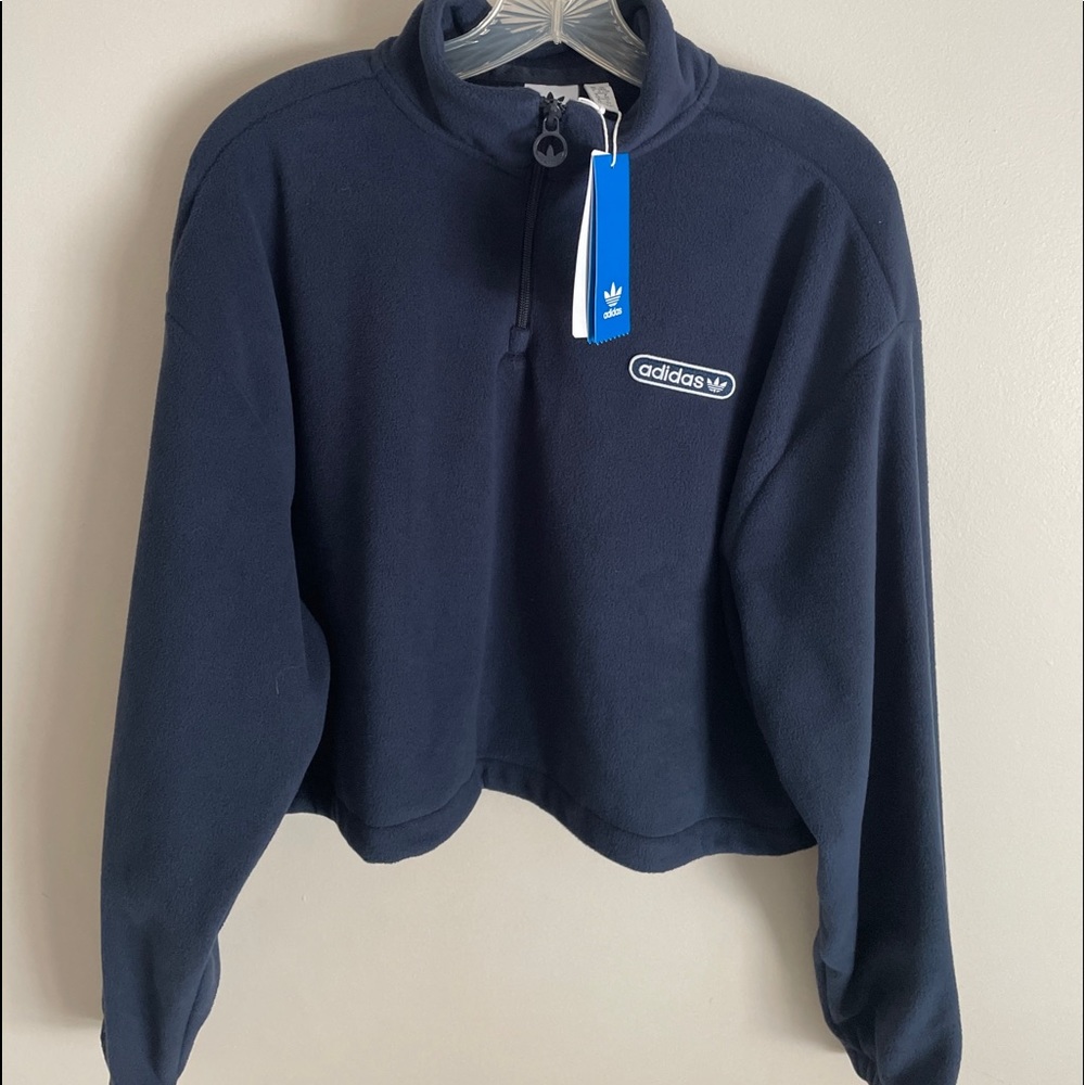 ADIDAS Polar Fleece CROPPED PULLOVER SWEATER Long Sleeve Womens Navy 1/4 Zip